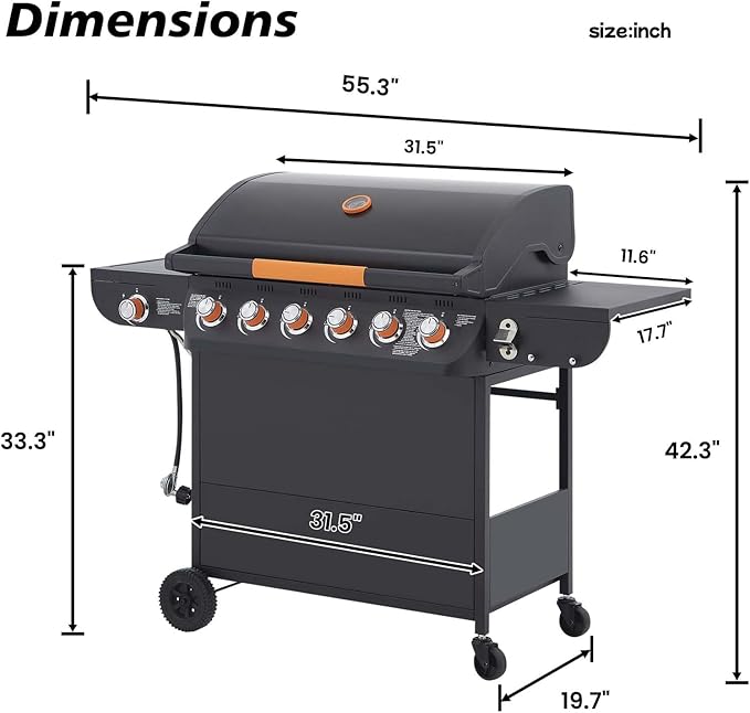 6-Burner Propane Gas BBQ Grill with Side Burner 72000 BTU Stainless Steel Barbecue Grill with Cast Iron Grates and Side Table for Outdoor Cooking Kitchen Patio