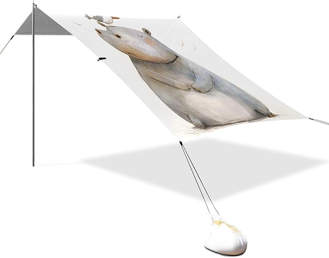 ALAZA Hippo Hippopotamus and Bird Beach Tent Sun Shelter UPF50+ Protection Beach Shade Canopy w/ 4 Sandbags for Outdoor Camping Fishing Backyard Fun Picnic 10x9 ft