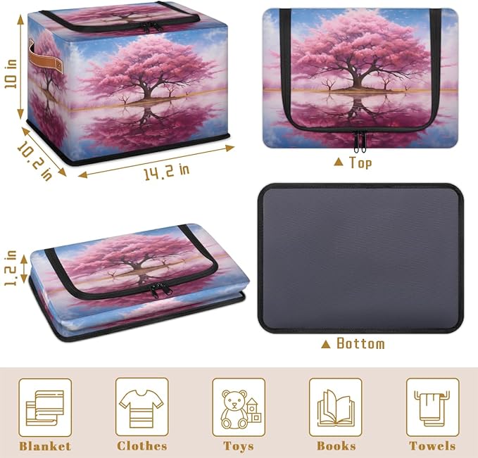 KOBLEN Pink Peach Tree Pattern Storage Basket Collapsible Rectangular Storage Bins with Zipper Lid Handle Closet Shelf Cloth Organizer Basket for Nursery Bedroom Clothes Toy