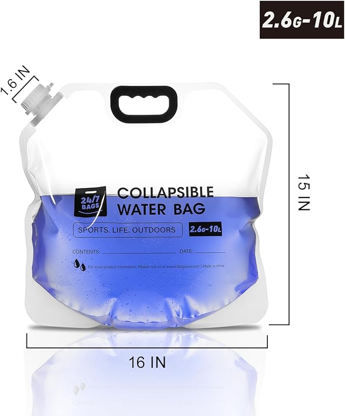 24/7 BAGS 8 Pack Collapsible Water Container Bag 2.6 Gallon/10 Liter Heavy Duty with Carry Handles Hikes Trips Weather Emergencies and More Foldable Water Bag