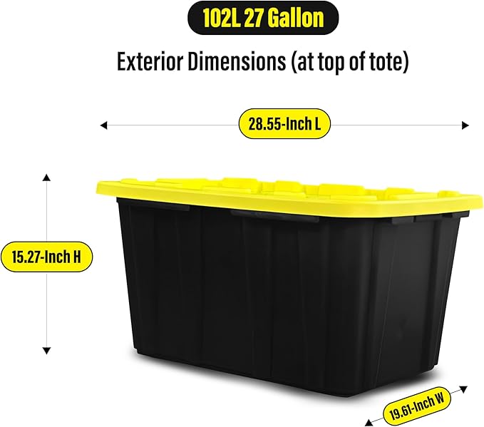 BLACK &amp YELLOW 27-Gallon Storage Bin with Snap-on Lid Heavy Duty Plastic Storage Bins with Lid Stackable 4 Pack