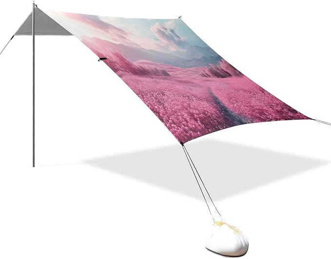 Flower Pink Field Beach Tent Sun Shelter Set UPF50+ UV Protection 10.5 x 9.19 FT Camping Shade Canopy with Sandbags Sand Anchors Carrying Bag and Others