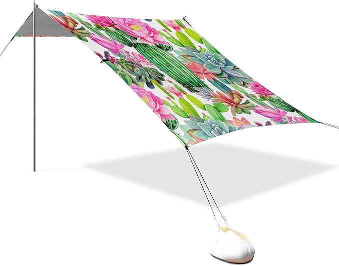 Beach Canopy with Windproof Ropes &amp Sandbags Beach Tent Sun Shade Sun Shelter for Camping Trips Fishing Backyard Fun or Picnics Cactus