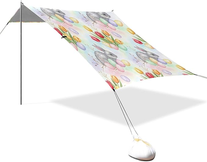 Easter Rabbit Beach Canopy Sun Shelter with Sandbags &amp Sand Shovel &amp Windproof Ropes - Portable 110x126 Beach Shade Beach Tent for Camping Picnics
