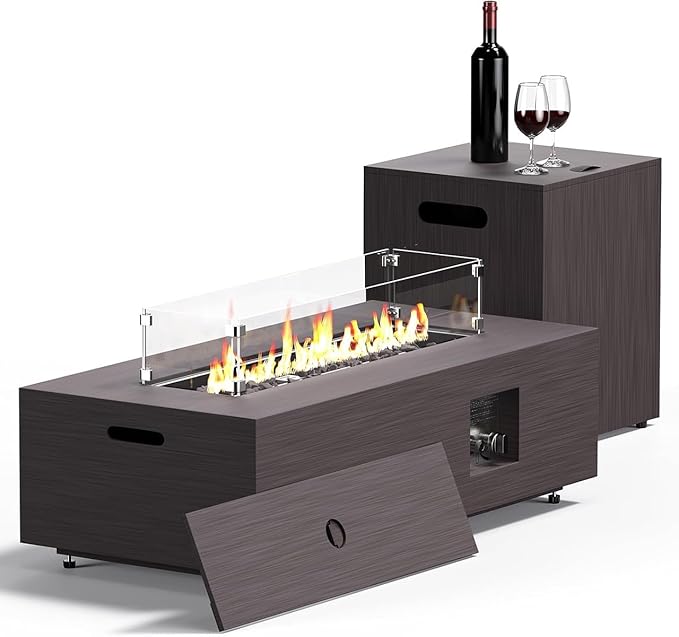 Fire Pit Table 50000 BTU 42 Rectangular Propane Fire Pit Outdoor with Wind Guard Glass Lid Rocks and Cover Gas Fireplace for Deck or Patio