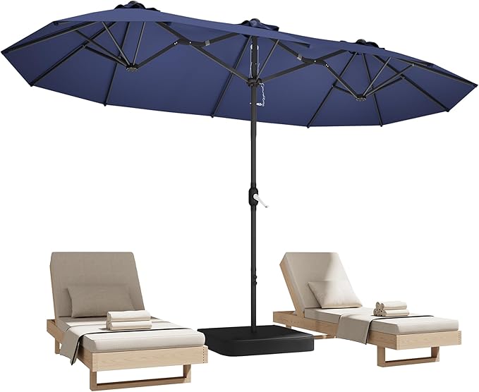 DomeShade 15ft Patio Umbrella with BaseLarge Outdoor Double-Sided Rectangle Umbrella with Crank Handle Market Umbrella for Poolside Garden Deck Backyard Beach Pools Navy Blue