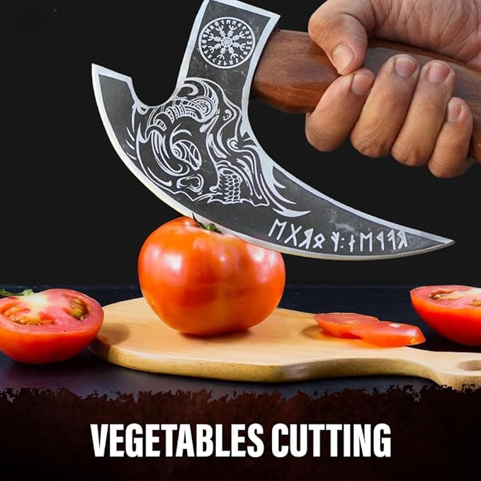 Multipurpose Viking Pizza Axe with Sheath Viking Butcher Axes Cutter - Burned Wood Handle &amp Heavy Duty Skull Head - Perfect for Cutting Pizza Meat Vegetables(Skull)
