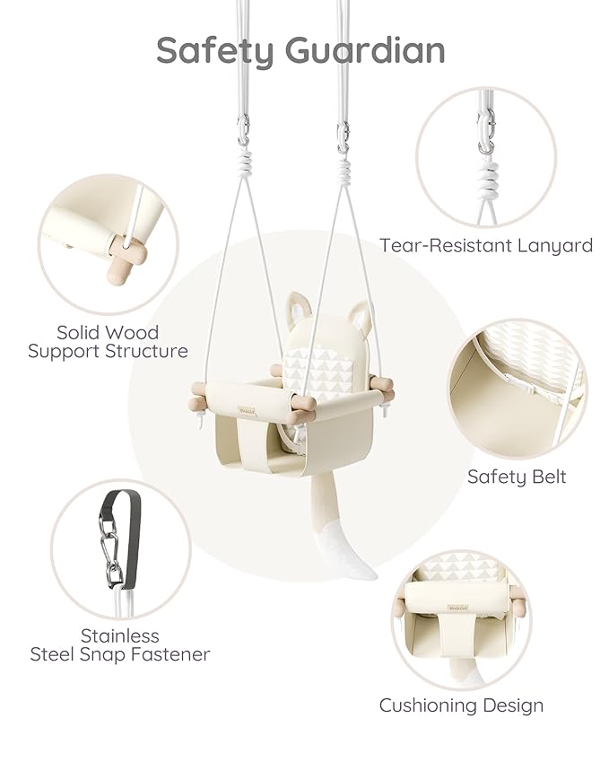 Wooden Hanging Baby Swing with Soft Safety Belt Cozy Infant Swing Seat for Indoor &amp Outdoor Use Adjustable Height Includes Mounting Hardware – Suitable for Babies &amp Toddlers(Fox-Themed in B