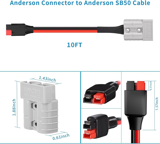 ELFCULB 10AWG 10FT Battery Quick Connect/Disconnect to Anderson Extension Cable Anderson SB50-PP45 Amp Connector Cable for Solar Portable Gennerator Battery Power Transfer