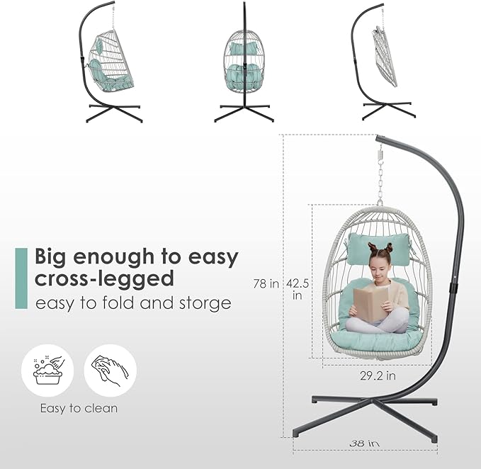 Brafab Egg Chair with Stand Indoor Outdoor Swing Egg Chair Patio Wicker Hanging Chair with Stand Hammock Egg Chairs with UV Resistant Cushion and Aluminum Frame for Bedroom Balcony Garden Light Blue