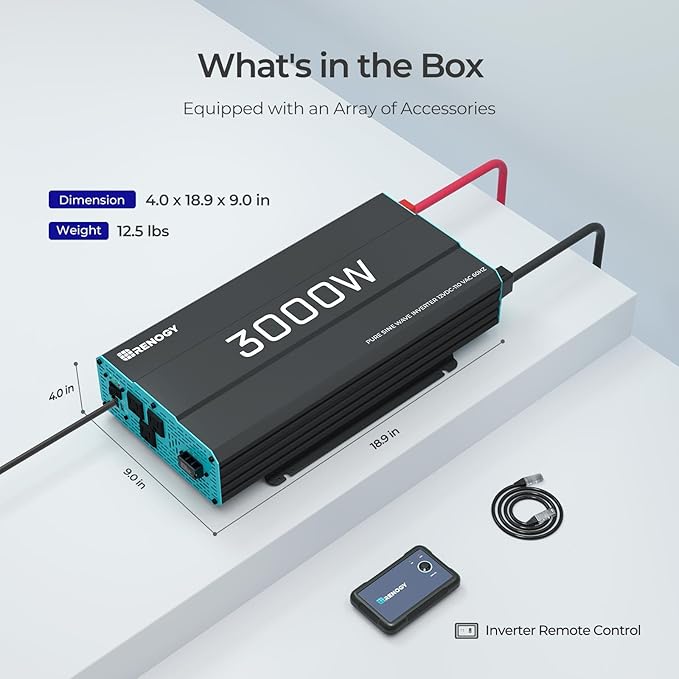 Renogy Inverter P2 3000W Pure Sine Wave Inverter 12V DC to 120V AC Converter for Home RV Truck Camping Trailer with Wired Remote Controller Support Li AGM SLD GEL FLD Batteries