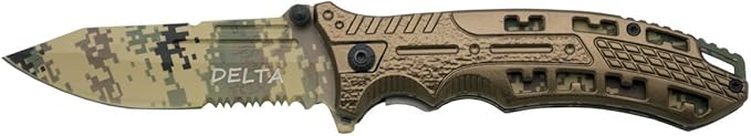 THIRD Assisted Folding Knife Delta K2797BNGS Black Aluminium Handle with Holes 10.5 cm Stainless Steel Blade with Saw Blade and Liners in Digital Military camo. with Clip with Sheath