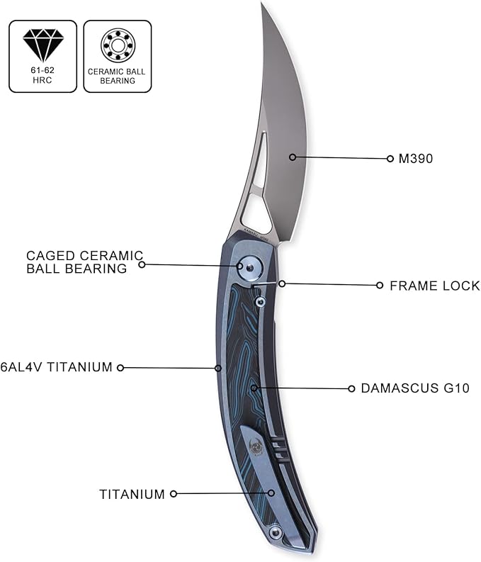 CavolKnife Kamasu Front Flipper Folding Knife3.74 M390 Steel Blade Persian Knife 6AL4V Titanium &amp Gmascus Handle Pocket KnifeTitanium Pocket Clip (Blue-ceramic)