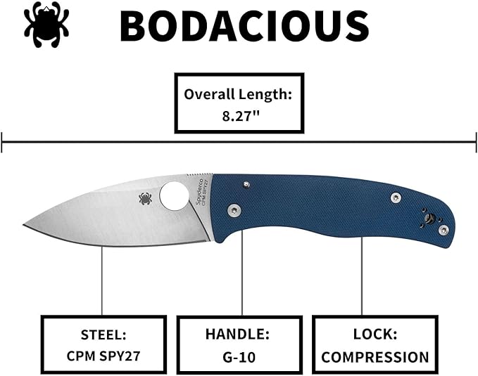 Spyderco Bodacious Folding Pocket Knife with 3.6 CPM SPY27 Steel Blade and G-10 Handle - EDC Knife for Men and Women Perfect for Hunting Tactical Camping Survival Hiking - PlainEdge - C263GPCBL