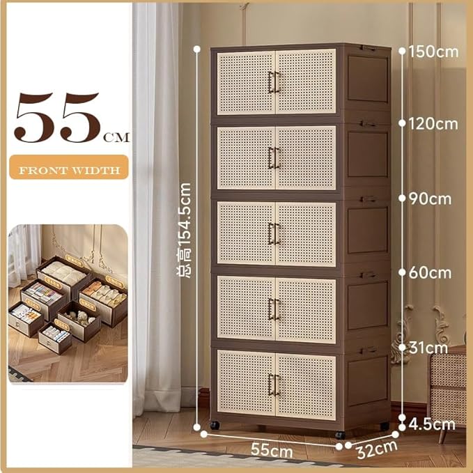Plastic bins for storage Collapsible Closet Organizer with Wheels Extra Large Storage Cabinet Rolling Closet Organizers Container with Doors for Living RoomBedroomOffice(5 tier55x32x154.5cm)
