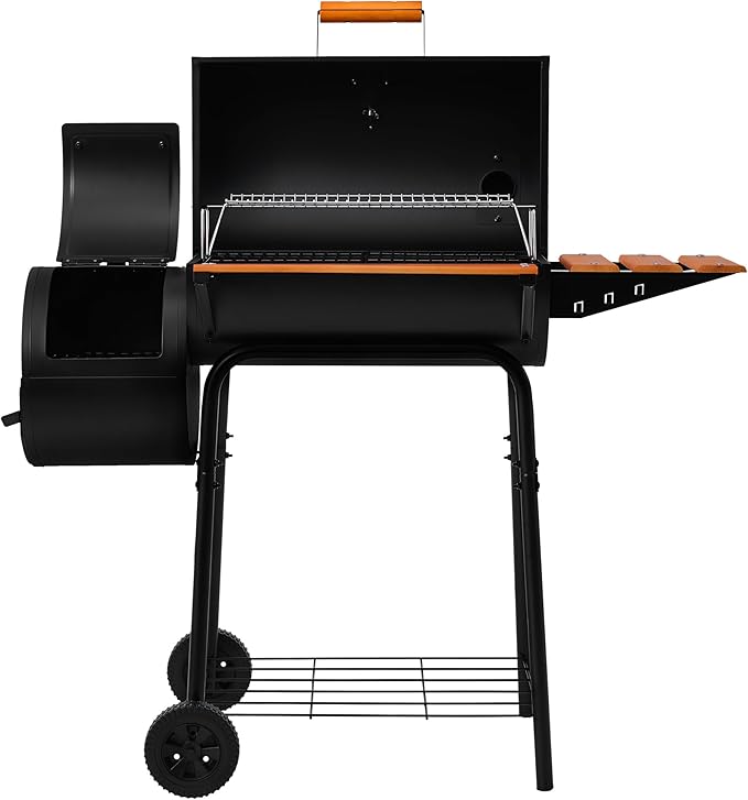 Royal Gourmet CC1624W Barrel Charcoal Grill with Offset Smoker 552 Sq. In. Cooking Area Wooden Front and Side Shelf with Hooks Mesh Bottom Shelf Charcoal Grill for Outdoor Grilling Black