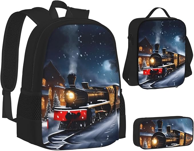 Winter Christmas Snow Night Railway Train Backpack With Lunch Box 3 In 1 Set With Pencil Case Large Capacity Backpack With Chest Strap