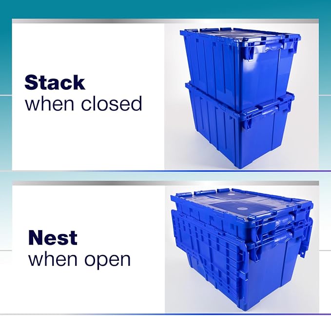 IDL Packaging 14-Gallon Industrial Plastic Tote with Hinged Lids Blue Pack of 1 - Heavy-Duty Large 22L x 15W x 12H Container for Warehouses Garages and Home Storage