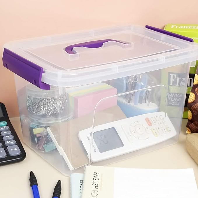 Farmoon 6 Quart Clear Storage Bin Small Plastic Stackable Box/Cotainer with Lid and Purple Handle 6 Packs