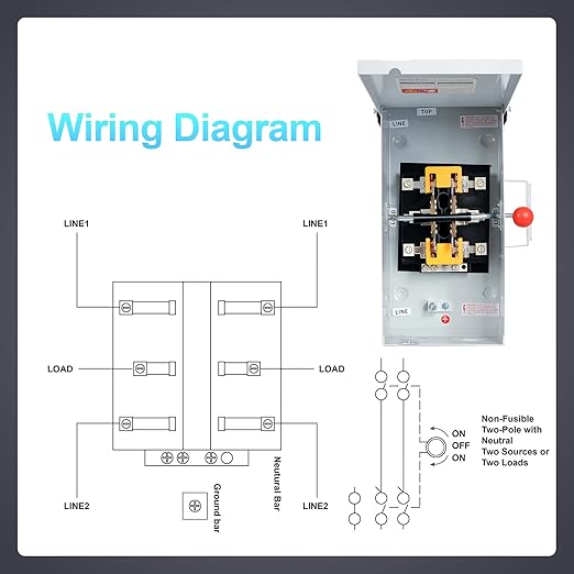 100A Generator Transfer Switch 12000/24000/45000W General-Duty Double-Throw Safety Switch 120/240/450V Manual Transfer Switch with Arc Extinguishing Cover NEMA 3R Standards for Indoor/Outdoor Use