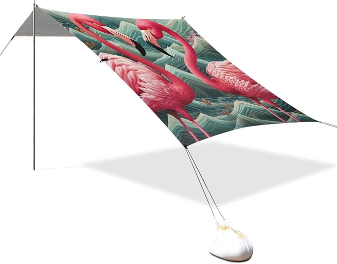 ALAZA Flamingos Pink Floral Wave Beach Tent Sun Shelter Portable Canopy Sunshade for Outdoor Camping Picnics Backyard Fun 10x9 ft