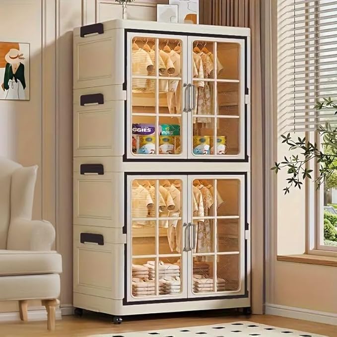 SunSettler Stackable Plastic Storage Cabinet with Transparent Windows Collapsible Closet Organizer with Wheels (1+1 Plus)