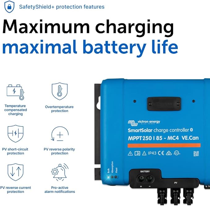 Victron Energy SmartSolar MPPT MC4 Compatible VE.Can Solar Charge Controller (Bluetooth) - Charge Controllers for Solar Panels - 250V 85 amp 12/24/36/48-Volt