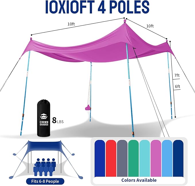 CROWN SHADES 10x10 Beach Tent Sun Shelter Easy Pop Up Beach Canopy Shade Portable Outdoor Carpas UPF50+ Includes 4 Poles Adjustable Aluminium Extra-Large Big Sand Shovel Purple