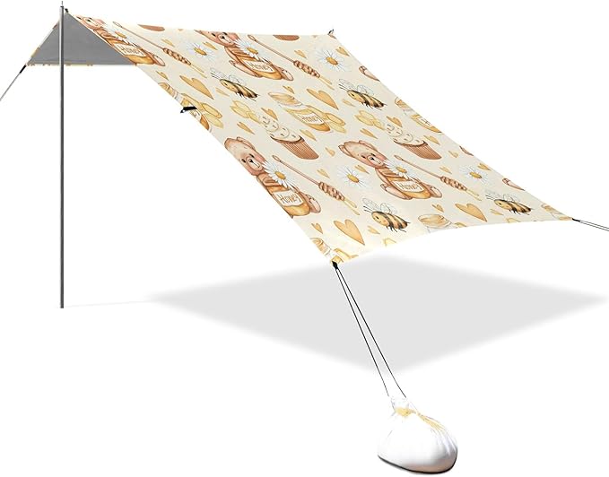 Honey Bear Beach Canopy Sun Shelter with Sandbags &amp Sand Shovel &amp Windproof Ropes - Portable 110x126 Beach Shade Beach Tent for Camping Picnics