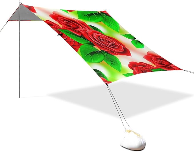 Beach Canopy with Windproof Ropes &amp Sandbags Beach Tent Sun Shade Sun Shelter for Camping Trips Fishing Backyard Fun or Picnics Red Roses