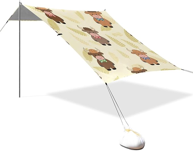 ALAZA Cartoon Highland Cattle Pattern Beach Tent Sun Shelter Portable Canopy Sunshade for Outdoor Camping Picnics Backyard Fun 10x9 ft