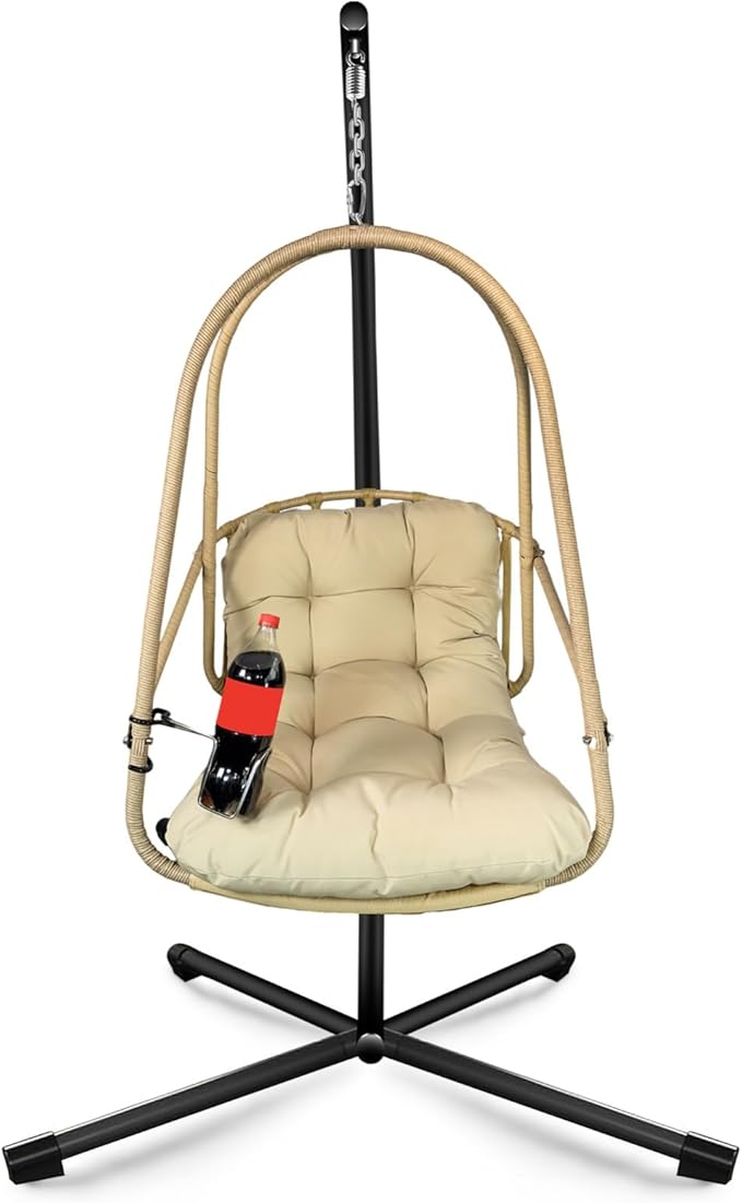 Swing Egg Chair with Stand Indoor Outdoor Wicker Rattan Patio Basket Hanging Chair with C Type Bracket with Cushion and PillowPatio Wicker Folding Hanging Chair(Special Construction Cup Holder