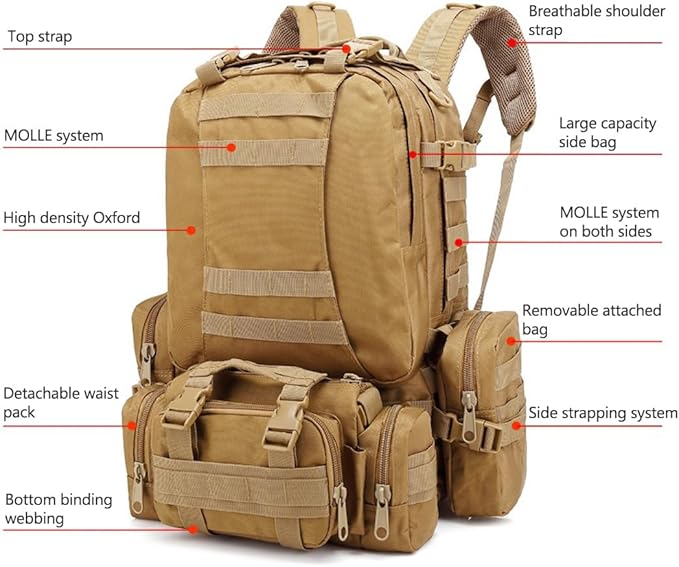 55L Military Tactical Backpack for Men Army 3 Day Assault Pack Large Camping Detachable Rucksack Molle Bag (Military Green)