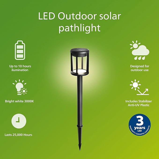 Philips LED Reina Outdoor Solar Pathlight 1-Pack Long-Lasting Solar Powered LED Light Bright White Light 3000K 50 Lumens Ground Spot IP44 Black