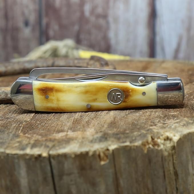WHISKEY BENT HAT CO. Trapper Folding Pocket Knife with Hoofpick 4.125 Closed Length 440C Stainless Steel Blades (Smooth Burnt Bone)
