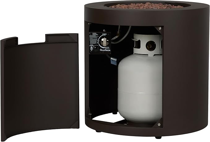 Real Flame Aegean 24 Round Propane Gas Fire Pit Table with Hidden Tank 50000 BTU Powder-Coated Steel Push-Button Ignition Lava Rock Storage Cover Stainless Steel Burner with Lid - Dark Bronze