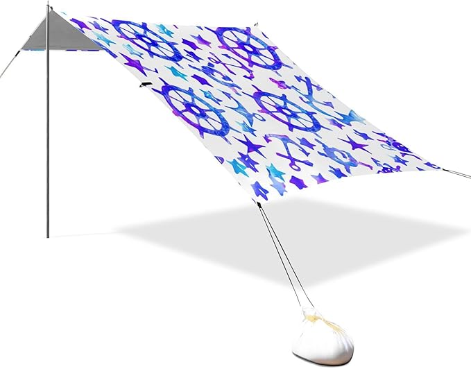 xigua Nautical Elements Beach Tent Sun Shelter with Carrying Bag - Silver Coated Oxford Fabric Beach Canopy for Beach Camping Fishing - Includes Windproof Ropes Sandbags &amp Stakes
