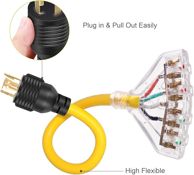 Rophor 30 Amp to 110 Adapter Generator Power Cord 4 Prong 30 Amp to 15 Amp Generator Adapter Nema L14-30P Male to 4X 5-20R Female with Dust Protection Caps 1.5 FT