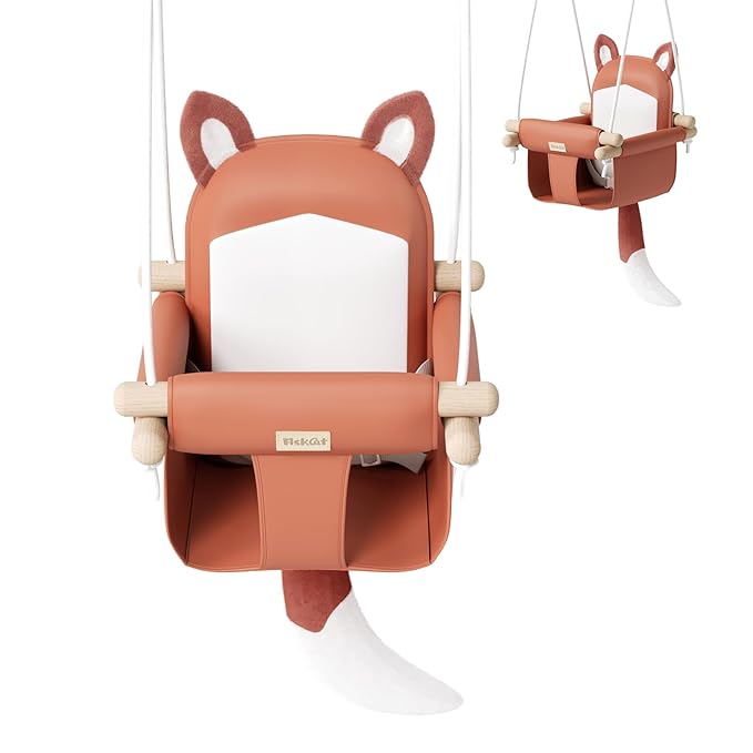 Wooden Baby Swing with Soft Safety Belt Cozy Infant Swing Seat for Indoor &amp Outdoor Use Adjustable Height Includes Mounting Hardware – Suitable for Babies &amp Toddlers（Fox-Themed in Red）