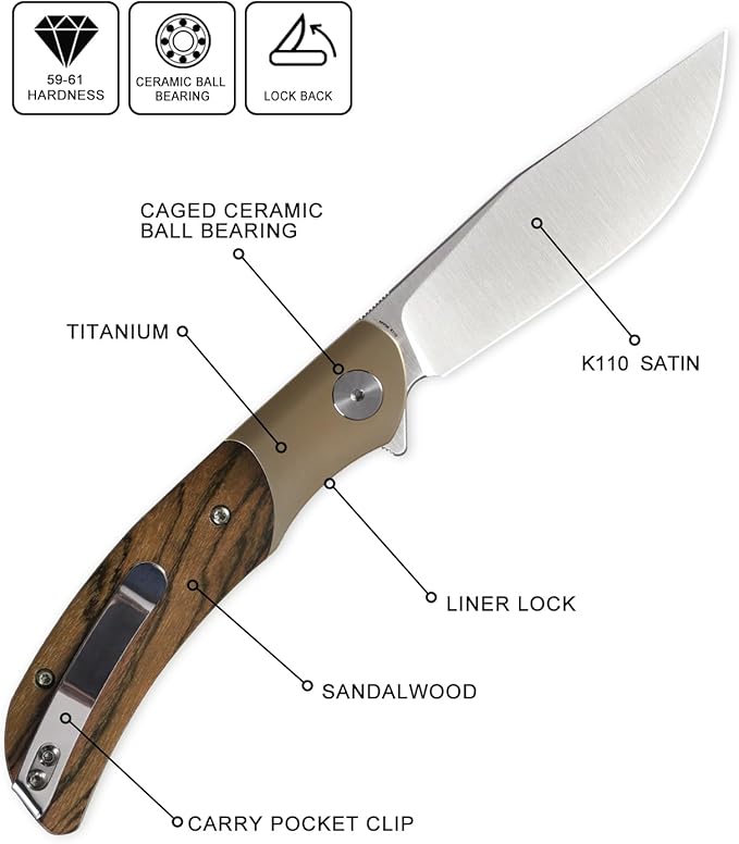 Petrified fish PFP09 Hourglass Folding Knife3.54 K110 Steel Satin Blade 3.88oz Titanium and Sandalwood Handle Pocket knife for Camping Outdoor EDC (Sandalwood Satin)