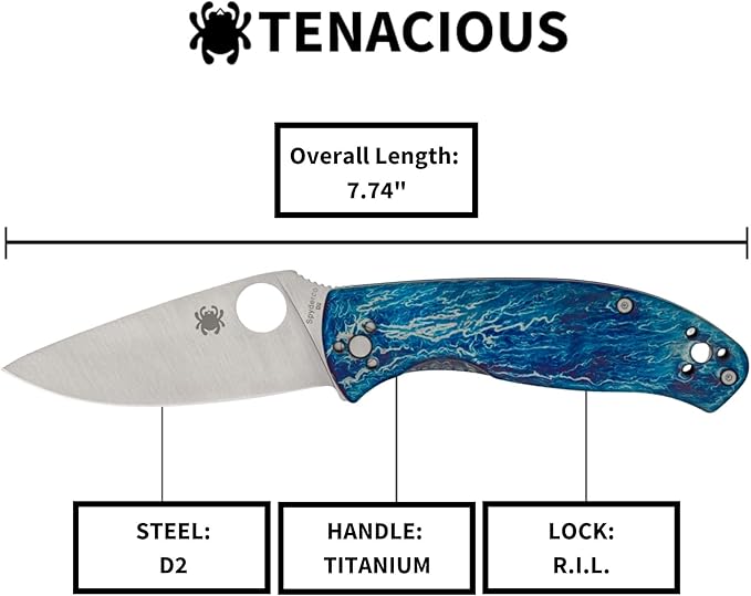 Spyderco Tenacious Disarray Folding Pocket Knife with 3.3 D2 Steel Blade and Titanium Handle - EDC Knife for Men and Women Perfect for Hunting Tactical Camping Survival - PlainEdge - C122TIBLD2P