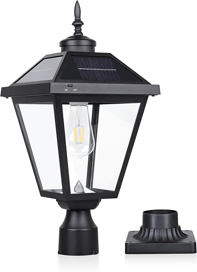 Kemeco Solar Post Light ST4334Q Vintage Dusk to Dawn Outdoor Bright LED Solar Powered Lamp for Pole Pillar Yard Gates Pathway (Lamp with Base)