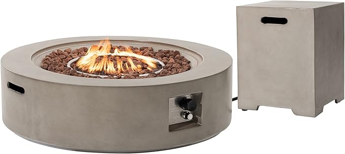 SUNBURY Outdoor 42 Inch Propane Fire Pit Table Circular Gray Patio Fire Table 50000 BTU w 20 lbs Tank Cover Waterproof Cover Free Lava Rocks