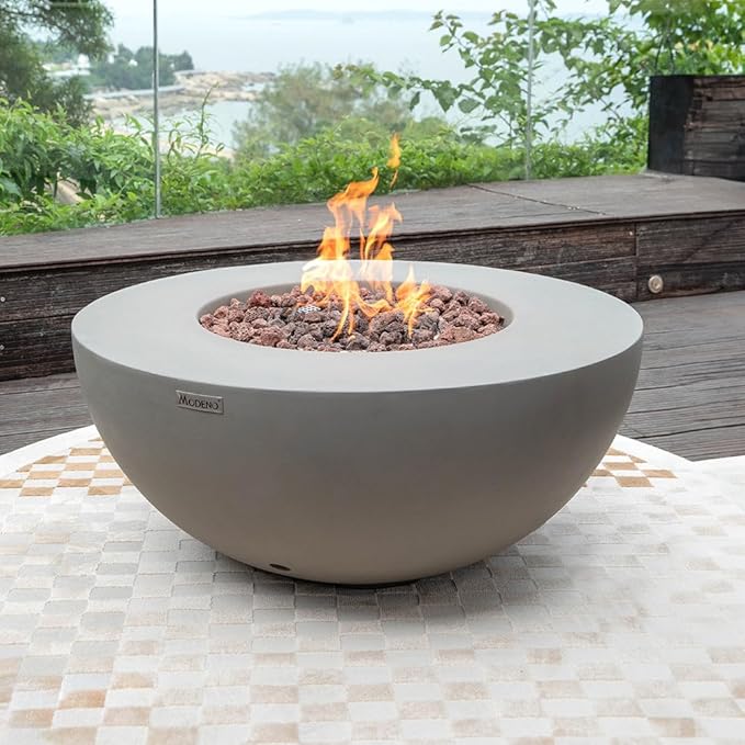 Roca Fire Table Outdoor Fire Pit 34 x 34 Cast Concrete Round Firepit Includes Lava Rocks 45000 BTUs Outdoor Fireplace for Patio Furniture Set Deck Porch Outdoor Heater - Natural Gas