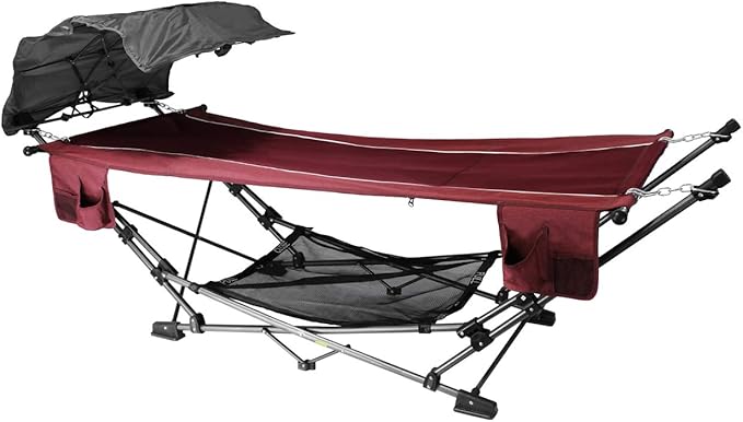 Zenithen Limited Portable Folding Metal Framed Hammock with a Retractable Canopy Perfect for Camping Patio Outdoor and Relaxing Side Pockets Included Red (Pack of 1)