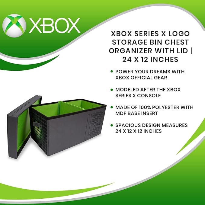 Ukonic Xbox Series X Logo Collapsible Storage Bin Chest with Lid | Fabric Basket Container with Handles Cubby Cube Closet Organizer | Video Game Gifts And Collectibles | 24 x 12 Inches