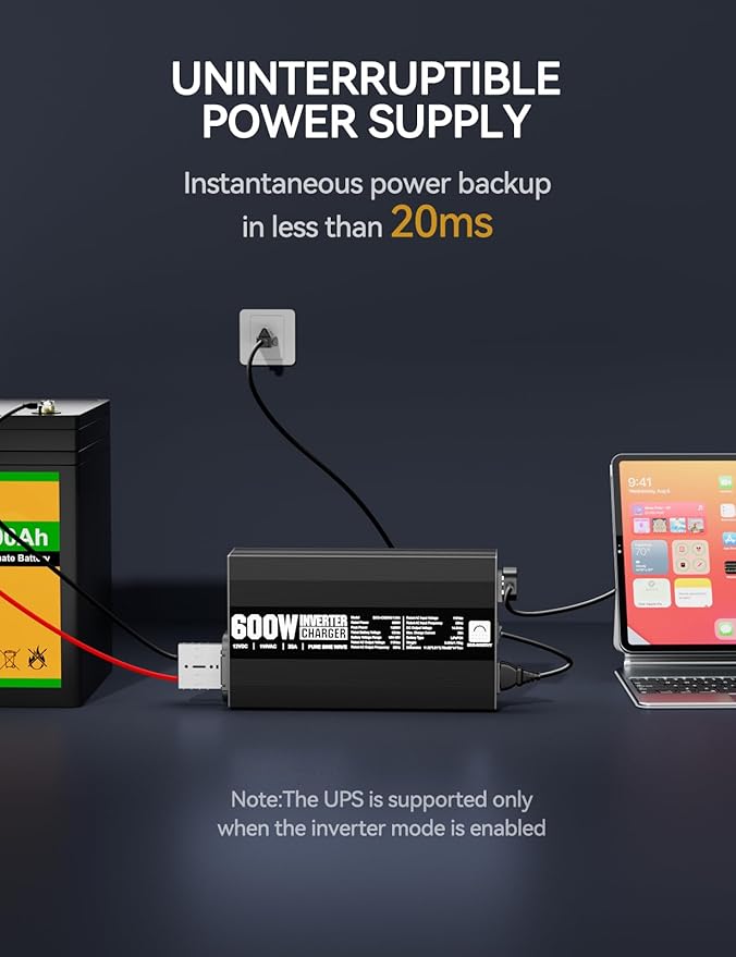 ECO-WORTHY 600W Inverter Charger 600W Pure Sine Wave Inverter &amp 30A LiFePO4 Battery Charger with 20ms UPS DC 12V to AC 110V Output Surge 1200W for RV Lithium Batteries Roadtrip Essentials
