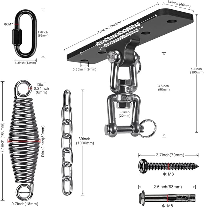 Dolibest Hammock Chair Hanging Kit Heavy Duty Swing Hanger and 3.28ft Chain with Spring (6MM) Wall Ceiling Hooks for Yoga Indoor Playground Hanging Chair Hammock Chair4 Screws 4 Expansion Screws