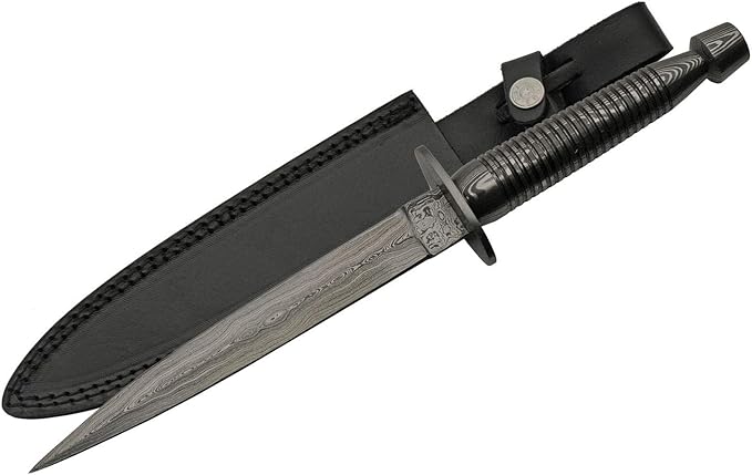 SANZ Damascus Hunting Knife 12.5 Inch - Camping Knife with Full Tang Blade Damascus Handle &amp Sheath - Black Outdoor Knife for Hunting Camping &amp Outdoor uses