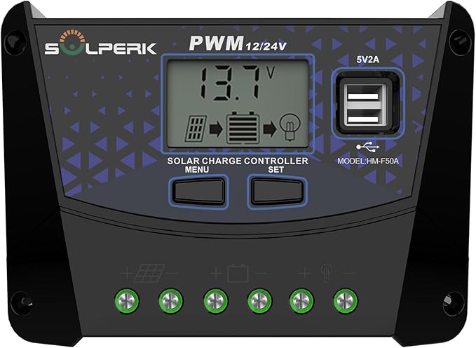 SOLPERK 50A Solar Charger Controller 12V 24V Auto Solar Panel Battery Intelligent Regulator with Dual USB Port PWM Controller for Gel AGM Lead-Acid Lithium LiFePO4 Battery (50A)